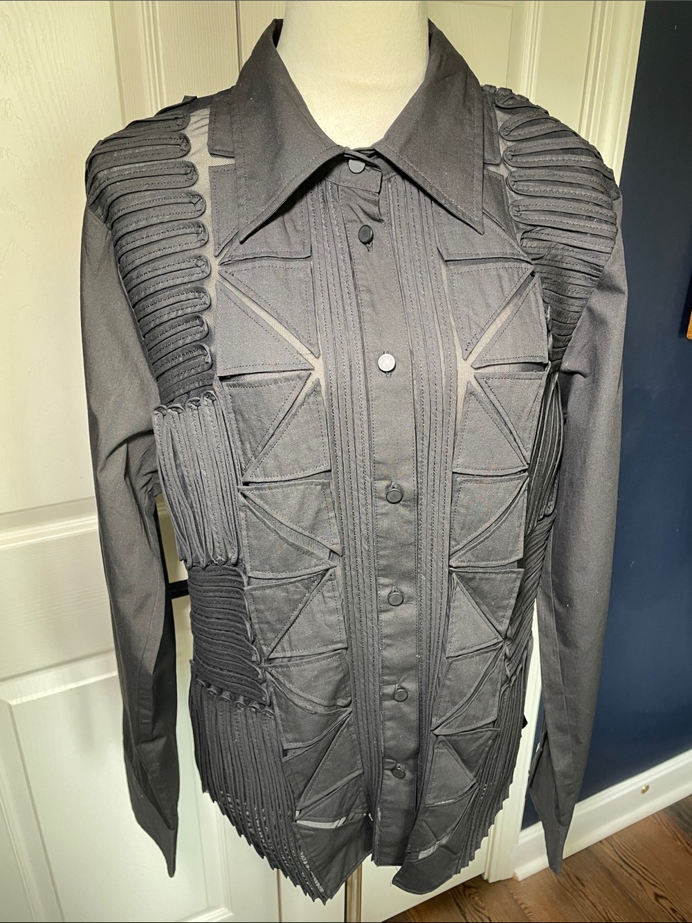 Obstinee‎ Black Textured Mesh Stretch Button-Down Shirt Cotton Size 14